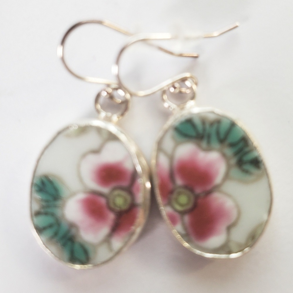 Handmade Pottery Shard Earrings Sterling Silver Hooks Pink Floral Ceramic Oval